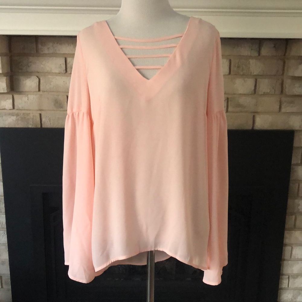 Belle Sky Peach Chiffon Bell Sleeves Lightweight Semi Sheer Blouse size